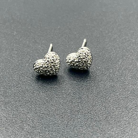 Disney Signed 14K White Gold Micro Pave Diamond Puff Heart Stud Earrings - Picture 14 of 14